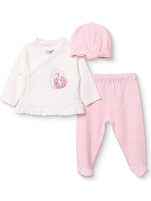 Hellobaby Kız Bebek Zıbın-Şapka-Alt Kuğu Baskılı Çıtçıtlı Bisiklet Yaka Uzun Kol Patikli