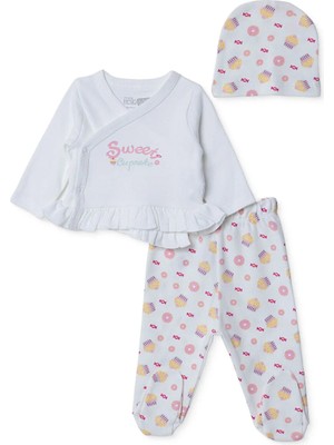 Hellobaby Kız Bebek Zıbın-Şapka-Alt Çıtçıtlı V Yaka Uzun Kol Patikli