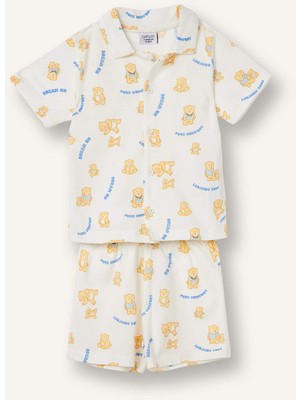 DeFacto %100 Pamuk Regular Fit 2'li Ayıcıklı Beyaz Pijama Takımı Erkek Çocuk H5379A526HS