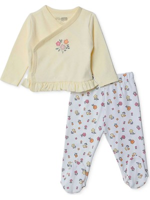 Hellobaby Kız Bebek Zıbın-Şapka-Alt Çiçek Baskılı Çıtçıtlı V Yaka Uzun Kol Patikli