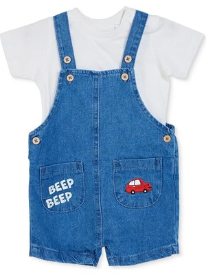 Hellobaby Erkek Bebek Şort Salopet-Tshirt Araba Baskılı Düğmeli Bisiklet Yaka Kısa Kol