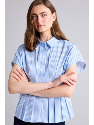DeFacto Fitted Çizgili Poplin Kısa Kollu Mavi Gömlek H7941AX26SM