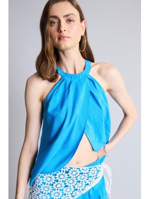 DeFacto Regular Fit Halter Yaka Modal Kolsuz Açık Mavi Bluz H5343AX26SM