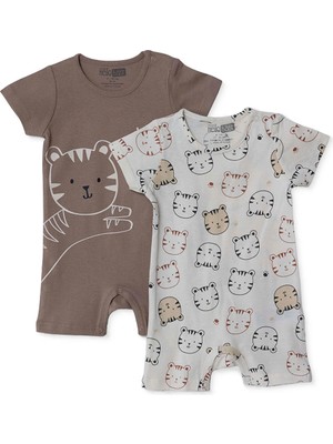 Hellobaby Erkek Bebek Kısa Tulum Hayvan Baskılı Çıtçıtlı Çıtçıtlı Yaka Kısa Kol Reçme