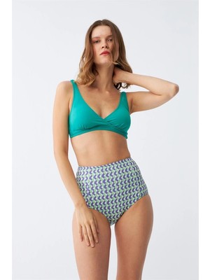 Melonika Kadın Yeşil Pedli Geometrik Desenli Yüksek Bel Bikini Takımı