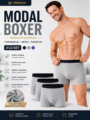 Jhena 3 Adet Gri Modal Erkek Boxer, 3’lü Set Yumuşak Dokulu Nefes Alan Premium Iç Çamaşırı