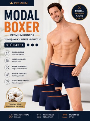 Jhena 3 Adet Lacivert Erkek Modal Boxer 3’lü Paket Esnek Yumuşak Kumaş Premium Boxer