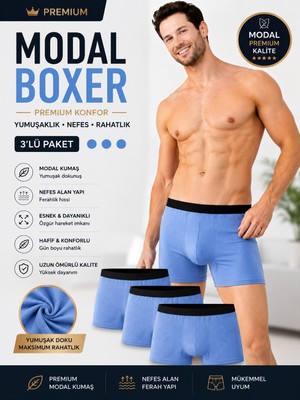 Jhena 3 Adet Mavi Modal Erkek Boxer 3’lü Set Rahat Kalıp Nefes Alan Iç Çamaşırı