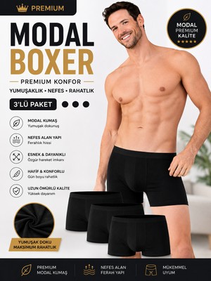 Jhena 3 Adet Siyah Modal Erkek Boxer 3’lü Paket Hafif Nefes Alan Yumuşak Kumaş