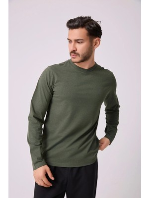 Defy's Erkek Bisiklet Yaka Uzun Kollu Regular Fit Basic Tişört Haki