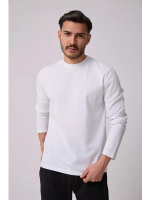 Defy's Erkek Bisiklet Yaka Uzun Kollu Regular Fit Basic Tişört Beyaz