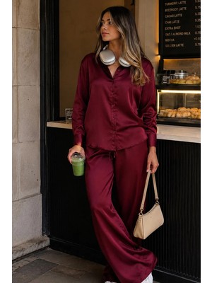 Madmext Bordo Saten Gömlek Pantolon Takım MG2745