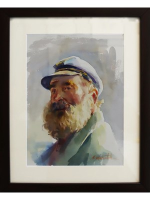 Muguetarts Balıkçı Kaptan Orjinal Suluboya Tablo - Mehmet Najafzadeh Eseri 30X37 cm