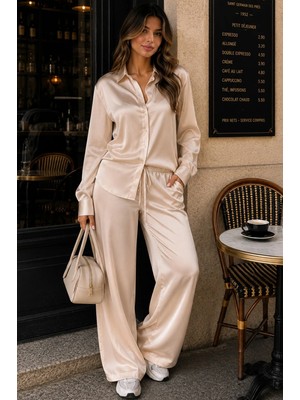 Madmext Bej Saten Gömlek Pantolon Takım MG2745
