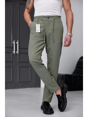 Modamesto Erkek Haki Slim Fit Likralı Beli Lastikli Bağcıklı Yan Cep Jogger Kumaş Pantolon
