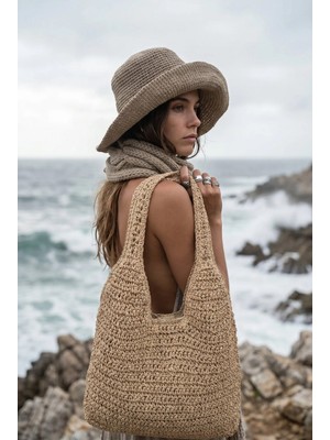 Fashion Cocktail Çift Kalın Askılı Astarlı Yumuşak Soft Örgü Örme Plaj Sahil Deniz Omuz Çantası