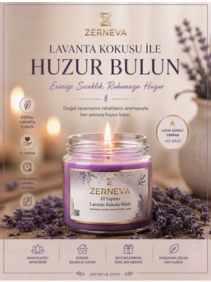 Zerneva Lavanta Kokulu El Yapımı Mum / Hediyelik, Özel Gün, Kokulu Mum, 300CC Cam Kavanoz