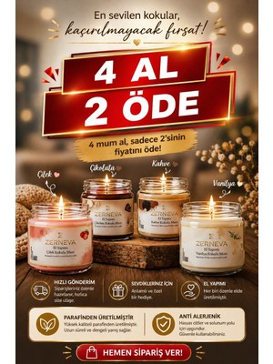 Zerneva 4'lü Kokulu Mum Seti - Avantajlı Paket (Çilek-Çikolata-Kahve-Vanilya)