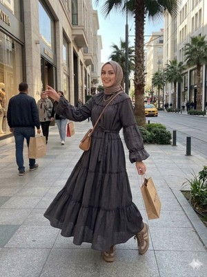 Zerogaprise Kadın Kolu Kat Kat Kuşaklı Boydan Tesettür Elbise