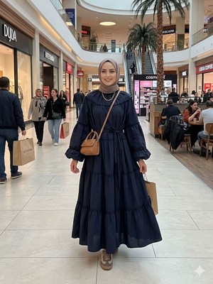 Zerogaprise Kadın Kolu Kat Kat Kuşaklı Boydan Tesettür Elbise