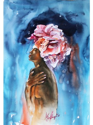 Muguetarts %100 El Emeği Çiçek Taclı Kadın Suluboya Tablo 70X50 cm