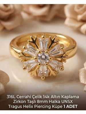 Begonia Accessories 316L Cerrahi Çelik Altın Kaplama Kararmaz Alerji Yapmaz Zirkon Taş Figür 1 Adet Unisex Minimal Halka Tragus Helix Küpe Piercing A503-6