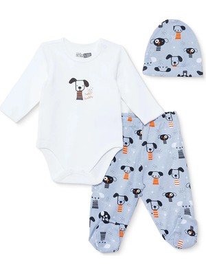 Hellobaby Erkek Bebek Body-Alt-Şapka Hayvan Baskılı Çıtçıtlı Bisiklet Yaka Uzun Kol Patikli