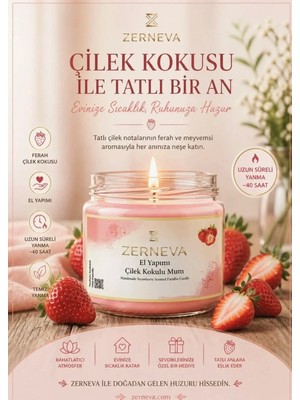 Zerneva Çilek Kokulu El Yapımı Mum / Hediyelik, Özel Gün, Kokulu Mum, 300CC Cam Kavanoz