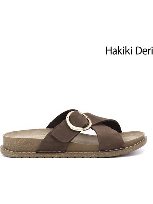 Gönderi(r) Kadın Kahve Nubuk  Çapraz Bantlı Hakiki Deri Terlik
