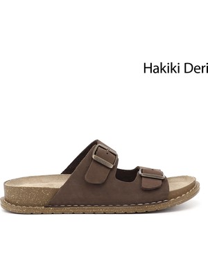 Gönderi(r) Kadın Kahve Nubuk  Çift Tokalı Hakiki Deri Terlik
