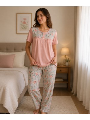 NENA-24873-BAYAN Robalı Patlı Kısa Kollu % 100 Pamuk Pijama Takımı