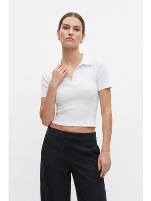 Rays Beyaz Polo Yaka Kısa Kol Crop Tişört 1024