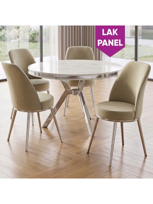 Canisa Natre Serisi 90X90 Lak Panel Beyaz Mermer Desen Krom Ayaklı Mutfak Masası Takımı ve 4 Sandalye