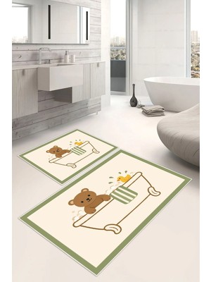 Pelura Halı Minik Ayıcık ve Ördek Desenli Dijital Baskılı Yıkanabilir 2li Banyo Paspası (50X60-60X100)