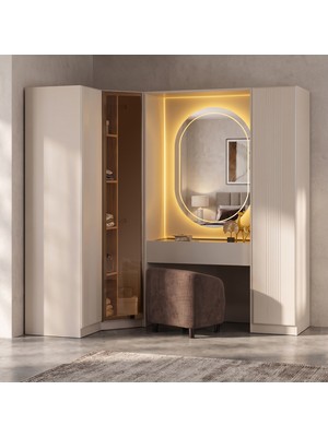 Eymense Lora Gardırop %100 MDF Makyaj Üniteli Puflu Köşeli Modüler Giyinme Odası Dolabı