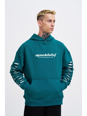 Machinist Clothing Erkek Rıpped Effects Sleeves Kapüşonlu Sweatshirt Yağ Yeşili