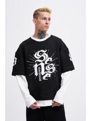 Machinist Clothing Erkek Contrast Layerd Sweatshirt Siyah-Ekru