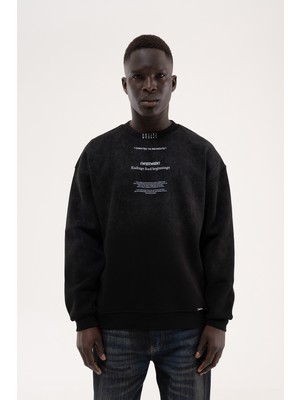 Machinist Clothing Erkek Bisiklet Yaka Şardonlu Baskılı Sweathirt Siyah