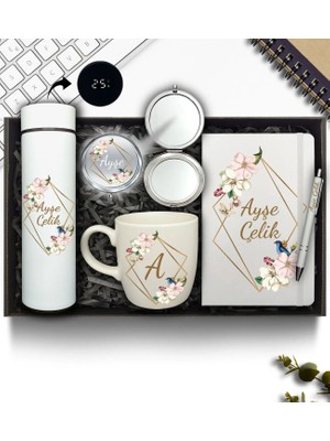 As Gift Kişiye Özel Beyaz Termos & Beyaz Defter & Beyaz Kupa & Krom Ayna & Beyaz Kalem Hediye Seti