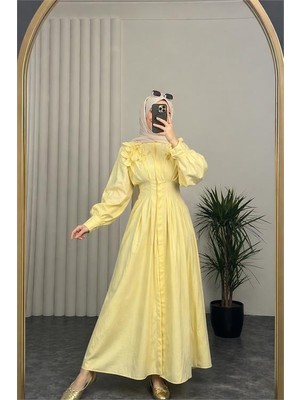 Neşeli Butik Kadın Sarı Belden Oturtmalı Çiçek Detaylı Premium Tesettür Elbise NBVQ4933