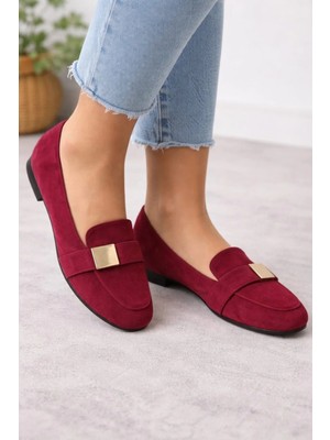 Bordo Süet Görünümlü Gold Tokalı Kadın Loafer Babet