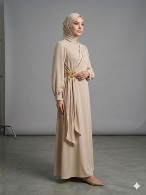 Zerogaprise Kadın Gül Blroş Detaylı Abiye Tesettür Elbise