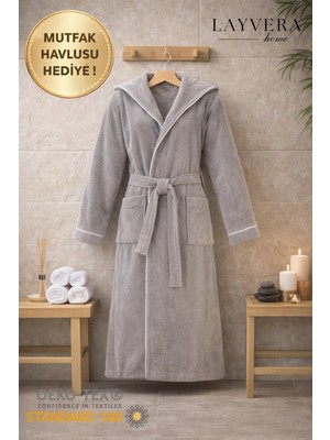 Layvera Kadın-Erkek Bornoz Gri | %100 Pamuk-Kapüşonlu-Biyeli-Cepli-Gri-Unisex