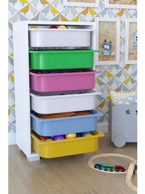 Remaks 6 Sepetli Renkli Oyuncak Dolabı Çok Amaçlı Klasik Tasarımlı 30 cm Derinlikte