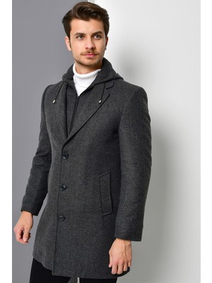 Dewberry Erkek Palto Antrasit Renk Yün Polyester Malzeme Uzun Kol Düz Desen 3XL Beden PLT8376