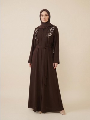 İhvan Online Abaya Takım Çiçek Aplikeli Taş Boncuk Detaylı Kuşaklı Uzun Kollu Kahve 9679-26