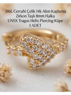 Begonia Accessories 316L Cerrahi Çelik Altın Kaplama Kararmaz Alerji Yapmaz Zirkon Taş Figür 1 Adet Unisex Minimal Halka Tragus Helix Küpe Piercing A503-27