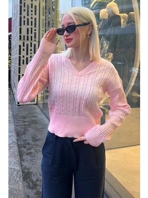 Madmext Pembe V  Yaka Örgülü Triko Kadın Kazak MG2258