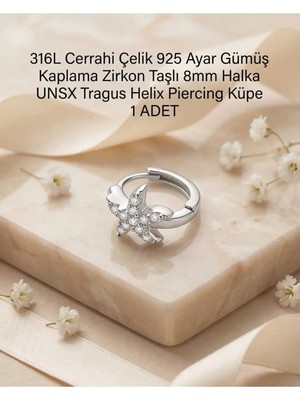 Begonia Accessories 316L Cerrahi Çelik Gümüş Kaplama Kararmaz Alerji Yapmaz Zirkon Taş Figür 1 Adet Unisex Minimal Halka Tragus Helix Küpe Piercing G503-13