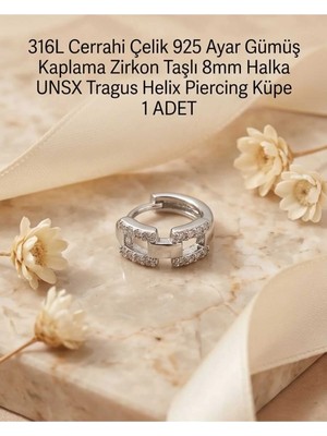Begonia Accessories 316L Cerrahi Çelik Gümüş Kaplama Kararmaz Alerji Yapmaz Zirkon Taş Figür 1 Adet Unisex Minimal Halka Tragus Helix Küpe Piercing G503-22